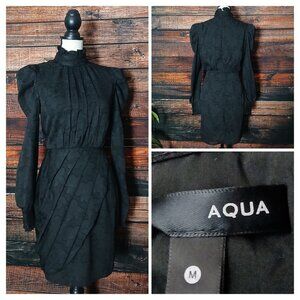 Aqua Dress M Black Floral Jacquard Victorian Pleated High Neck Puff Sleeve Zip